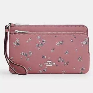 Coach Rose Pink Wristlet Double Zip Wallet With Star Print
